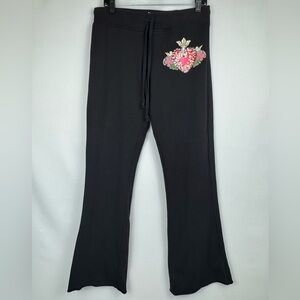 TWISTED HEART Black Flared Sweatpants Bling Heart Sequins Mid Rise Whimsigoth